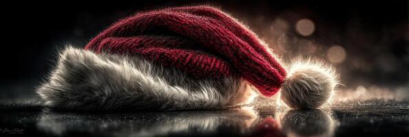 Festive red and white winter hat lying on a reflective surface with glowing highlights in a cozy setting photo