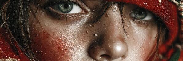 Close-up of a person with striking eyes and a textured face adorned with droplets and vibrant fabric during an intimate portrait session photo