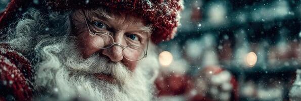 Old man in red hat and glasses smiles warmly in snowy setting during Christmas season photo