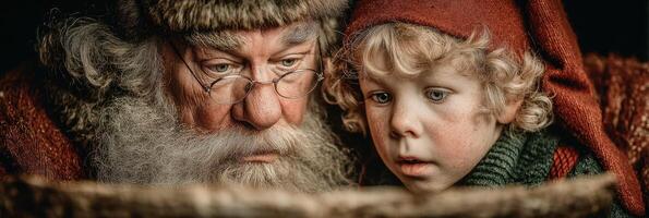 Elder man and child captivated by an ancient book during a winter evening in a cozy setting photo