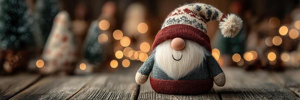 Decorative gnome figure in a cozy setting surrounded by warm lights and festive decorations photo