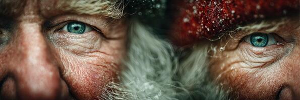 Close-up of two elder men with blue eyes wearing festive hats surrounded by soft snowflakes in a winter scene photo