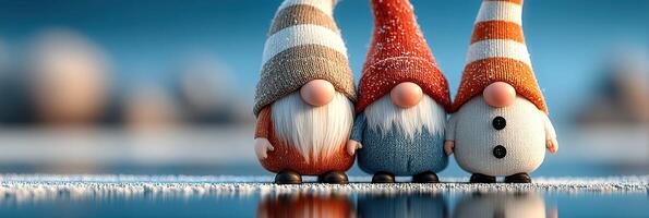 Three colorful gnomes standing together on a frosty surface against a serene blue winter background photo