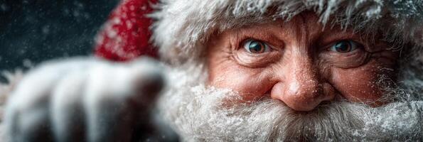 Santa Claus with a joyful expression amid falling snow in a festive setting during the holiday season photo