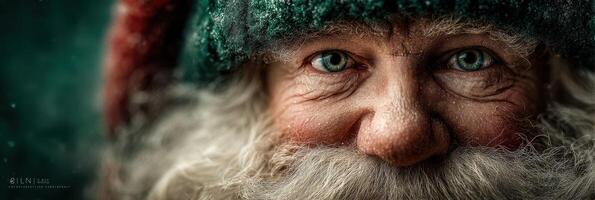 Cheerful older man with snowy beard and vibrant blue eyes wearing a festive hat during winter holidays photo