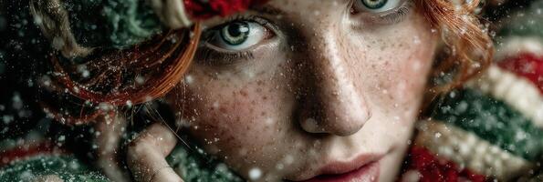 Portrait of a young woman with auburn hair in a winter setting, showcasing her striking blue eyes and freckles amidst falling snowflakes photo