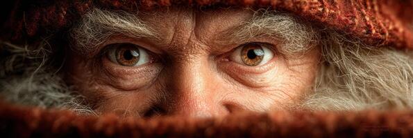 Close-up view of an elderly man with intense eyes, wearing a knitted hat in a cozy winter setting photo