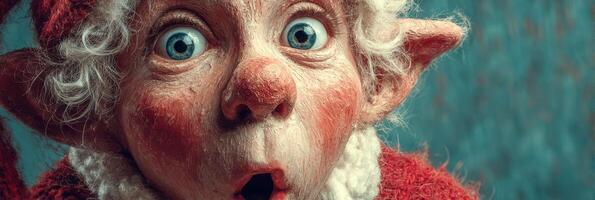 Whimsical elf with wide eyes and surprised expression in a colorful setting during the festive season photo