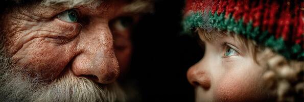 Close encounter between old man and child during festive season conveying wonder and holiday spirit in cozy environment photo