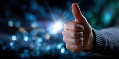 Hand shows thumbs up gesture against a bright, dynamic background during a moment of celebration or approval photo