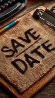 Save the date announcement featuring burlap and desk items for a memorable occasion photo