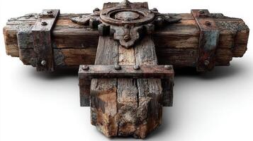 Wooden cross with metal accents displayed in an artistic way on a neutral background showcasing rustic textures and craftsmanship photo