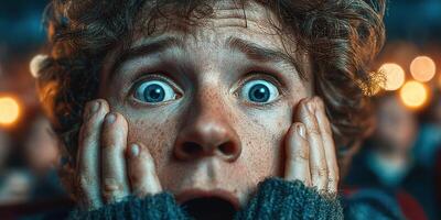 Young person expressing shock and fear during a thrilling movie moment in a dark theater photo