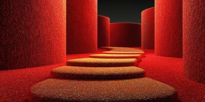 Bright red textured landscape features curved forms and a pathway leading into darkness at dusk photo