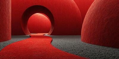 Vibrant red landscape featuring rounded structures and a winding pathway in a surreal environment photo