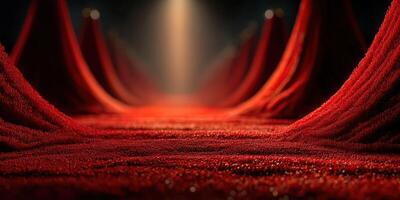 Vibrant red landscape created with textured fabric, illuminated in dim light, showcasing an artistic interpretation of depth and movement photo