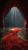 Elegant red carpet leading through a dramatic arched entrance illuminated by soft beams of light photo