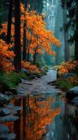Autumn serenity in a misty forest with vibrant orange foliage and calm water photo