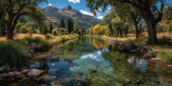 Serene river flows through a picturesque valley with mountains and colorful trees in the background on a sunny day photo