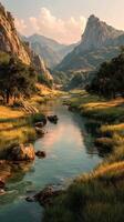 Serene mountain landscape with a flowing river under soft evening light during sunset photo