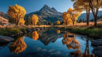Colorful autumn landscape with trees and mountain reflected in tranquil stream during golden hour photo