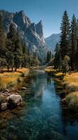 Majestic mountains reflect in the clear river under bright blue skies during autumn photo