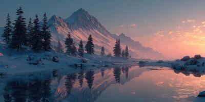 Majestic mountains reflect in calm waters at dawn, surrounded by snowy trees photo