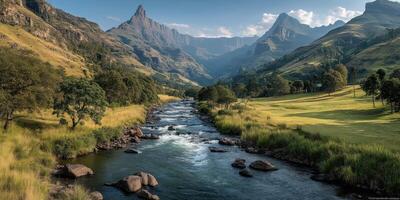 Majestic mountain landscape with a flowing river under a clear blue sky in the afternoon light photo