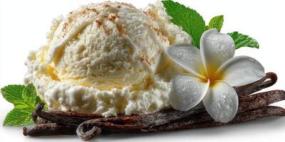 Delicious vanilla ice cream topped with fresh mint leaves and a flower on a white background photo