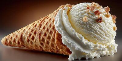 Delicious vanilla ice cream with crunchy topping in a waffle cone ready to be enjoyed photo
