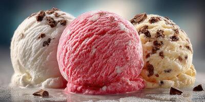 Colorful ice cream scoops on a textured surface with a blurred background during daylight hours, enticing and perfect for a summer treat photo