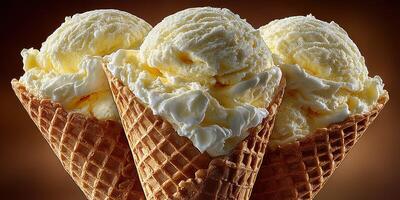 Three scoops of creamy vanilla ice cream topped with whipped cream in waffle cones against a dark background photo