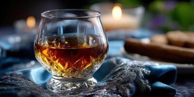 Whiskey glass filled with amber liquid beside candles and cookies on a blue fabric in a cozy evening setting photo