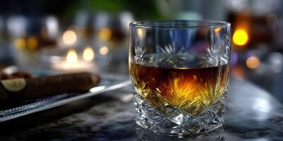 Whiskey served in a crystal glass by candlelight with cigars on a table in an elegant setting at night photo