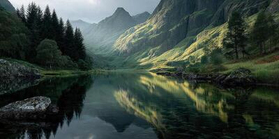 Mountain landscape reflecting in serene lake during overcast weather in the early morning photo