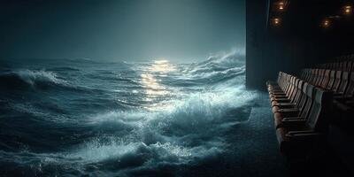 Ocean waves crash against the theater seats as the sun sets in the background creating a dramatic atmosphere at dusk photo