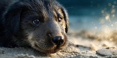 Playful puppy resting on sandy beach at sunset with soft light illuminating its fur and the surrounding area photo