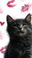 Black kitten poses against soft pink watercolor patterns, showcasing its playful spirit and fluffy fur photo