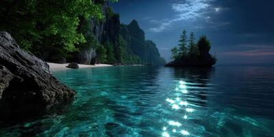 Tranquil night view of a secluded beach with crystal clear waters and lush greenery under a starry sky photo