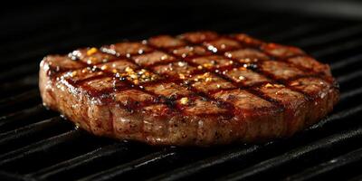 Juicy grilled steak searing on a barbecue grill creating perfect markings and flavor enhancement photo