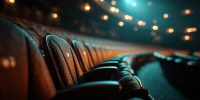 Empty theater seats create a quiet atmosphere for an upcoming performance in the evening photo