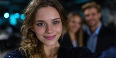 Young woman smiling for a selfie with friends at a casual gathering in an urban setting during the evening photo