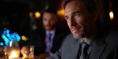 Man in formal suit appears contemplative at evening gathering with softly lit background photo