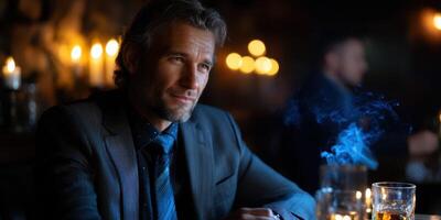Man in a suit enjoying whiskey in a dimly lit bar with candles and smoke around him photo