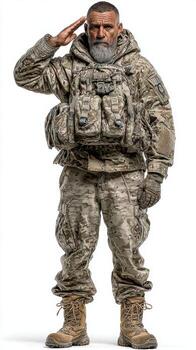 Military veteran in combat uniform saluting with respect during a solemn moment in a neutral setting photo