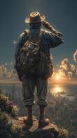 Soldier saluting the sunset from a high vantage point overlooking a futuristic cityscape photo