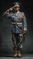 Military soldier in uniform saluting with medals during a ceremonial event indoors in late evening light photo