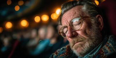 Senior man peacefully resting during a film screening in a vintage theater with soft ambient lighting photo