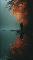 Solitary figure by the misty water reflecting vibrant autumn foliage in a serene forest setting photo