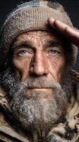 Close-up of a weathered man with a frosted beard and intense gaze in a wintry landscape photo